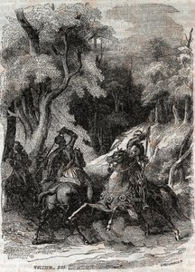 Slaget mellom Roland og Ferragus - gravering av 1851 fra "" Furious Roland"" (Orlando furioso) (1500-tallet) av Ludovico Ariosto, kjent som Ariosta - utgave oversatt fra italiensk av greven av Tressan og utgitt av Gustave Harvard 1851 av Unknown artist