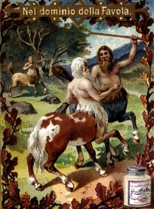 Kamp mellom kentaurer. Annonsevignett. kromolitografi fra slutten av 1800-tallet. av Unknown artist
