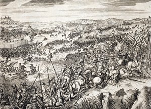 Slaget ved Gembloux (1578) (Slaget ved Gembloux) Spansk hær mot hæren til 16 av de sytten provinsene i Nederland - gravering i "Histoire De La Guerre Des Paisles-Bas" av Famiano Strada (1572-1649) av Unknown artist