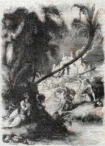 Slaget ved Griffon og Aquilant mot Orrile - gravering av 1851 fra "" Furious Roland"" (Orlando furioso) (1500-tallet) av Ludovico Ariosto, kjent som Ariosta - utgave oversatt fra italiensk av greven av Tressan og utgitt av Gustave Harvard av Unknown artist