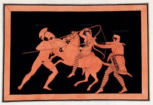 Battle of the Amazons Hyppolyte and Deinomache against Thesee - "" Malerier av eldgamle vaser, ofte kalt etrusker", fra forskjellige samlinger og gravert av A. Clener, ledsaget av forklaringer av A.L. Millen. Av Dubois-Maisonneuve. Maiso bibliotek av Unknown artist