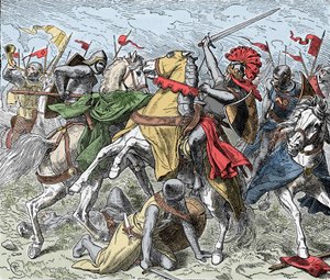 Battle on the Elster: Rudolf of Swabia Mortally Wounded - Revolt of the Saxons (1073-1075): Rodolph of Rheinfelden (ca. 1025-1080), Duke of Swabia og antiking av romerne blir dødelig såret i et slag nær Elster, mot troppene til Henrik IV av av Unknown artist