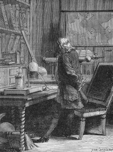 Benjamin Franklin i fysikklaboratoriet sitt i Philadelphia. I "Album of Science"", Editions Jouvet av Unknown artist