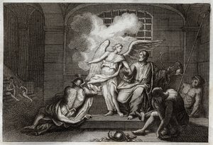 Bibelen til Royaumont, Det nye testamente: Saint Peter Delivre de prison. Sankt Peter blir løslatt fra fengselet om natten av en engel. Illustrasjon fra 1811. av Unknown artist
