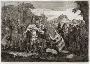 Bibelen til Royaumont, Det gamle testamente: Abigail. Abigail, Nabals kone, lindrer Davids sinne med sin visdom. Illustrasjon fra 1811. av Unknown artist