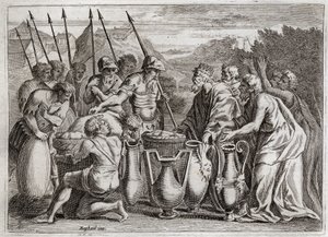 Bibelen til Royaumont, Det gamle testamente: Abraham befrier Loth. Abraham redder Loth sin nevø fra fiendens hender. Ypperstepresten Melkisedek (Melkisedek eller Melkisedek eller Melkisedek eller Melkisedek eller Melkisedek) benit. Kongen av Sodoma tilbød  av Unknown artist