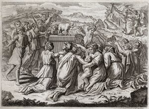 Bibelen til Royaumont, Det gamle testamente: Tilbedelse av gullkalven. Da Moses så hebreerne og gullkalven, bryter han lovens tabeller. Illustrasjon fra 1811. av Unknown artist