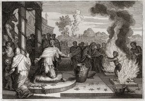 Bible of Royaumont, Old Testament: Ahaz Unholy King. The wicked Ahaz, King of Judah, irritates God, and is delivered to the enemies. Illustration from 1811. av Unknown artist
