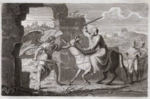 Bibelen til Royaumont, Det gamle testamente: Bileam. Den falske profeten Bileam velsignet, selv om han, Guds folk, selv om kong Balak (Balac) hadde sendt ham krangel for å forbanne ham. Dillen hennes snakker til henne for å klage over hva han slo henne, fo av Unknown artist