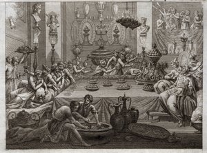 Bibelen til Royaumont, Det gamle testamente: Balthazar fordømmer. Kong Balthazar (Belshatsar) ved bordet ser en hånd som i tre ord skriver slutten av setningen hans. Illustrasjon fra 1811. av Unknown artist