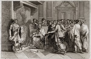 Bibelen til Royaumont, Det gamle testamente: Baruk profet. Kong Joachim (Joakim, Joachin, Jechonias) kutter bokrullen som inneholder Jeremias profetier transkribert av hans disippel Baruch (Baruch ben Neria) og kaster den i en ild. Illustrasjon fra 1811. av Unknown artist