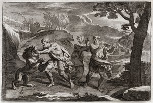 Bibelen til Royaumont, Det gamle testamente: Samsons fødsel. Samson river en løve i stykker. Illustrasjon fra 1811. av Unknown artist