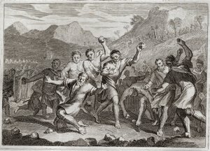 Bible of Royaumont, Old Testament: Blasphemator Lapide. God makes stone a blasphemer of his holy name, and another who violated the holy Shabbat (Shabbat, Sabbath, Sabbath, Sabbath, Sabath), gathering some straws in the field. Illustration from 1811. av Unknown artist