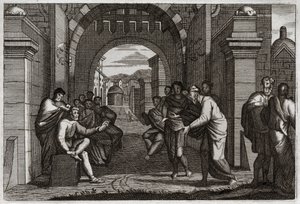 Bibelen til Royaumont, Det gamle testamente: Boaz (Booz), nær slektning av Ruth, kone i henhold til lovens ordinans. Illustrasjon fra 1811. av Unknown artist