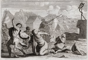 Bibelen til Royaumont, Det gamle testamente: Brasen Snake. Folket som knurrer mot Gud og mot Moses, blir straffet med ildslanger; hvorfra de ble såret av en kobberslange, som Moses hadde reist for å bli sett fra hele folket. Illustrasjon av Unknown artist