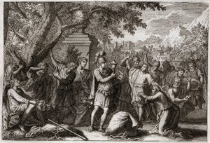Bibelen til Royaumont, Det gamle testamente: Josephs brødre. Josef får brødrene sine i fengsel. Illustrasjon fra 1811. av Unknown artist