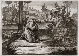 Bibelen til Royaumont, Det gamle testamente: Brennende busk. Gud taler til Moses midt i en brennende busk. Illustrasjon fra 1811. av Unknown artist