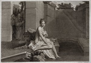 Bibelen til Royaumont, Det gamle testamente: Kyskhet av Suzanne. To eldste, Judges of the People, flekker for å korrumpere Chastete Suzanne, mens hun var alene i hagen sin og tok et bad. Illustrasjon fra 1811. av Unknown artist