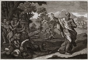 Bibelen til Royaumont, Det gamle testamente: Barn spiser bjørner. Barn som gjør narr av Elisas skallethet, blir revet av bjørn. Illustrasjon fra 1811. av Unknown artist