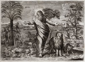 Bible of Royaumont, Old Testament: Creation of the World. God drags Heaven and Earth out of nowhere, and in six days adorns it and the people of Creatures of all kinds. Illustration from 1811. av Unknown artist