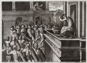 Bibelen til Royaumont, Det gamle testamente: Davids eller Betsabees forbrytelse i badet. David så Betsabee langveis fra, kona til hetitten Uria (eller hetitten Uria) bade, og fikk et dårlig ønske om henne, og drepte deretter mannen hennes Uria. Illustrasjo av Unknown artist