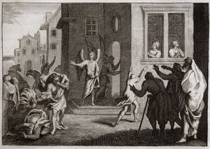 Bibelen til Royaumont, Det gamle testamente: Sodomittenes forbrytelser. Loth tar imot engler i huset sitt. Sodomittene (Sodoma) ønsker å utøve vold mot dem. Englene slår dem blindt. Illustrasjon fra 1811. av Unknown artist