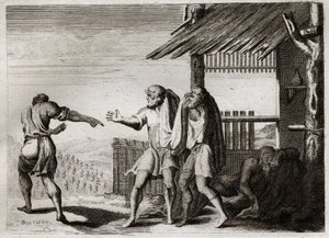 Bibelen til Royaumont, Det gamle testamente: Forbannet Cham av sin far (Noe drukkenskap). Cham, den andre av Noes barn, ser faren sin i en uanstendig holdning, bryr seg ikke, og blir forbannet på ham. Illustrasjon fra 1811. av Unknown artist