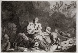 Bibelen til Royaumont, Det gamle testamente: Daniel i løvens gropen. Daniel blir satt i Lions-gropen, og er mirakuløst full. Illustrasjon fra 1811. av Unknown artist