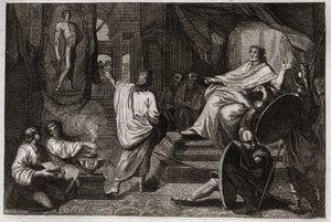 Bible of Royaumont, Old Testament: Daniel prophete. Prophete Daniel reveals to King Nebuchadnezzar II a dream he had, and explains to him what he meant. Illustration from 1811. av Unknown artist