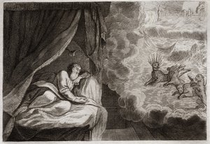 Bibelen til Royaumont, Det gamle testamente: Daniels visjon om de fire monarkiene assyrere, persere, grekere og romere. De ser fire monstre: Haniel, Kafziel, Azriel, Aniel. Illustrasjon fra 1811. av Unknown artist