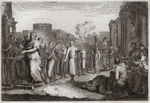 Bibelen til Royaumont, Det gamle testamente: David danser foran Paktens ark. David har bestemt seg for andre gang å bringe arken til sitt hjem, og har den båret og ledsaget av levitter, for å unngå en ulykke som ligner på Oza. Han danser foran av Unknown artist