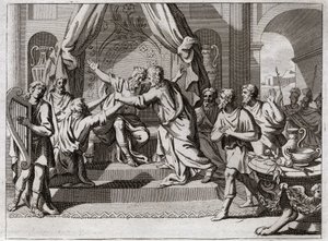Bibelen til Royaumont, Det gamle testamente: David spiller på harpe. Saul blir avvist fra Gud, blir grepet av den onde ånden. Vi ser etter en mann som vet hvordan han skal spille harpe, for å avlaste ham i hans ondskap. Illustrasjon fra 1811. av Unknown artist
