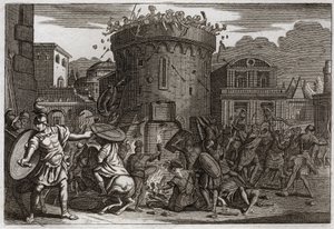 Bibelen til Royaumont, Det gamle testamente: Abimeleks død. Abimelek (Abimelec eller Ahimelek eller Ahimelek) blir drept av en kvinne som styrter ham med en stein ved beleiringen av Tebetz. Illustrasjon fra 1811. av Unknown artist