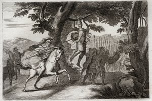 Bibelen til Royaumont, Det gamle testamente: Absaloms død. Absalom (eller Avshalom, Absalom) som flykter fra kamp blir fanget av håret har en eik, eller Joab gjennomborer ham hjertet til tre darter. Illustrasjon fra 1811. av Unknown artist