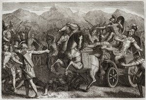 Bible of Royaumont, Old Testament: Death of Ahab. Ahab (Akhab) waged war against Syria, and was killed with a random arrow. Illustration from 1811. av Unknown artist