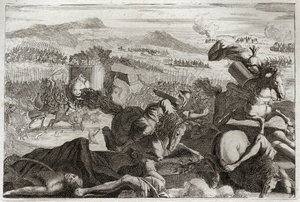 Bibelen til Royaumont, Det gamle testamente: Judas død. Nederlag til Demetrios I Soter og Nicanor. Judas Machabee (Maccabee, Macabee) døde i kamp. Illustrasjon fra 1811. av Unknown artist