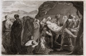 Bibelen til Royaumont, Det gamle testamente: Saras død. Sara (Sarah) dør. Abraham for å begrave ham kjøpte en grav fra byen Get. Illustrasjon fra 1811. av Unknown artist