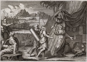 Bible of Royaumont, Old Testament: Death of Sisara. Yael (Jael) kills the head of the Canan army Sisra (Sisera or Sisara). Illustration from 1811. av Unknown artist