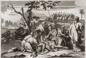 Bible of Royaumont, Old Testament: Death of the wicked Antiochus. The appalling death of King Antiochus IV Epiphane (175-164 BC) after a horse fall. Illustration from 1811. av Unknown artist