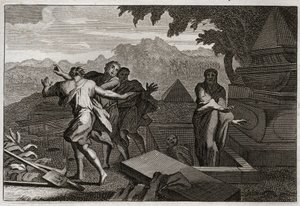 Bibelen til Royaumont, Det gamle testamente: Døden stiger. En død mann ble ved en tilfeldighet sluppet ned ved Elisees grav, og han gjenoppstod ved å berøre beinene hans. Illustrasjon fra 1811. av Unknown artist