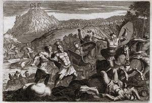 Bible of Royaumont, Old Testament: Defeat of Amalec (Amalek). Moses obtained victory over the Amalekites, holding his hands high in heaven. Illustration from 1811. av Unknown artist