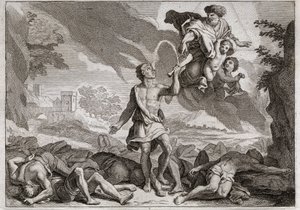 Bibelen til Royaumont, Det gamle testamente: Filistrenes nederlag. Samson dreper tusen filister med en eselkjeve. Gud får vann til å renne ut av kjeven slik at Samson kan slukke tørsten. Illustrasjon fra 1811. av Unknown artist