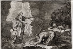 Bibelen til Royaumont, Det gamle testamente: Daniels befrielse. Daniel, i løvehulen, er mirakuløst full. Illustrasjon fra 1811. av Unknown artist