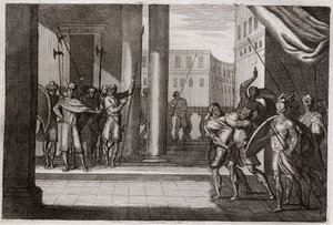 Bibelen til Royaumont, Det gamle testamente: Dinah gikk ut av nysgjerrighet for å se kvinnene i Sikem (eller Sikem), og kongen av den byen hadde gjort ham til vold, brødrene hans tok hevn og drepte alle Sikems folk sammen med kongen. Illustrasjon fra 1811. av Unknown artist