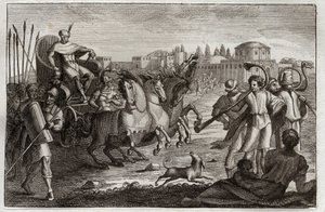 Bible of Royaumont, Old Testament: Elevation of Joseph. Joseph is raised in glory. Illustration from 1811. av Unknown artist