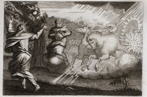 Bible of Royaumont, Old Testament: Elijah is delighted in heaven. Elijah is taken to heaven in a chariot of fire in the presence of his disciple. Elisee receives from him his double mind: he divides the water of the Jordan with the mantle of Elijah. Illust av Unknown artist
