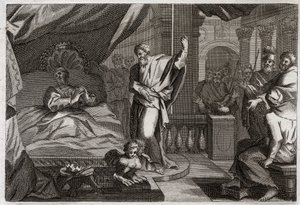 Bible of Royaumont, Old Testament: Ezechias receives health. King Ezechias was ill at death, received health and another fifteen years of life. The prophete Isaiah (Isaiah) announces his war: the sign will be to push back the shadow of the clock by ten deg av Unknown artist