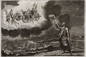 Bibelen til Royaumont, Det gamle testamente: Esekiel profet. Den hellige profet hadde et syn der Herren viste seg for ham på en vogn, båret av fire kjerubiner (tetramorf). Illustrasjon fra 1811. av Unknown artist