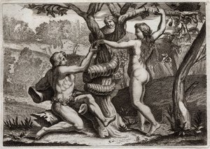 Bibelen til Royaumont, Det gamle testamente: Adams fall. Demonen under ansiktet til en slange snakker til Eva, og teltet for å spise forbudt frukt: Eva faller og får også Adam til å falle. Illustrasjon fra 1811. av Unknown artist