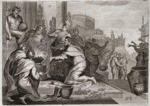 Bibelen til Royaumont, Det gamle testamente: Salomos fall. Salomo er korrumpert av kvinner, og ofrer røkelse til avgudene til de falske gudene. Hans død. Illustrasjon fra 1811. av Unknown artist